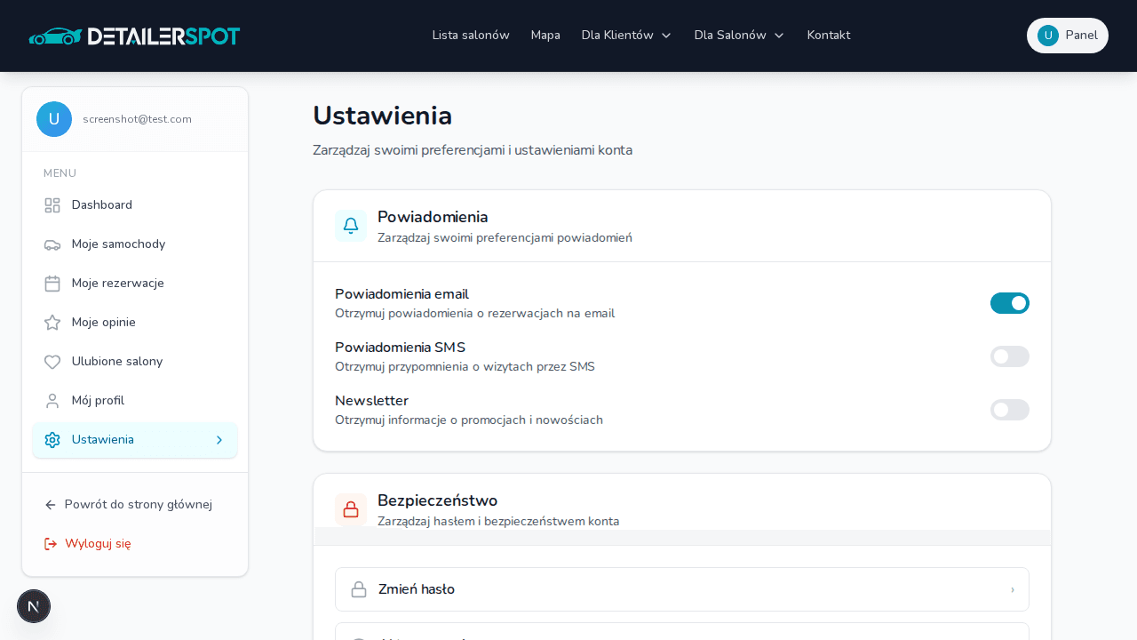 Sekcja bezpieczeństwa konta - eksport danych RODO, zmiana hasła, usunięcie konta