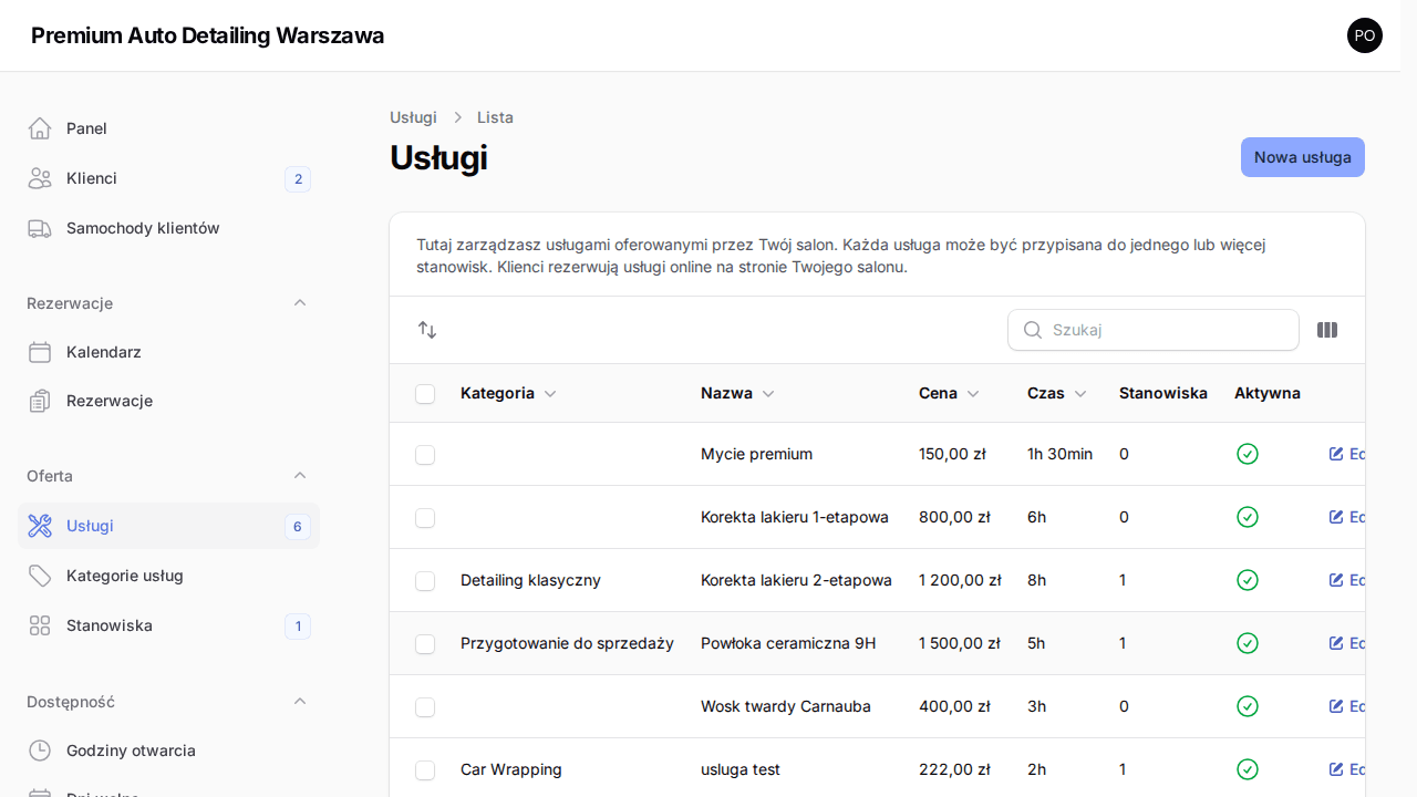 Lista usług w panelu